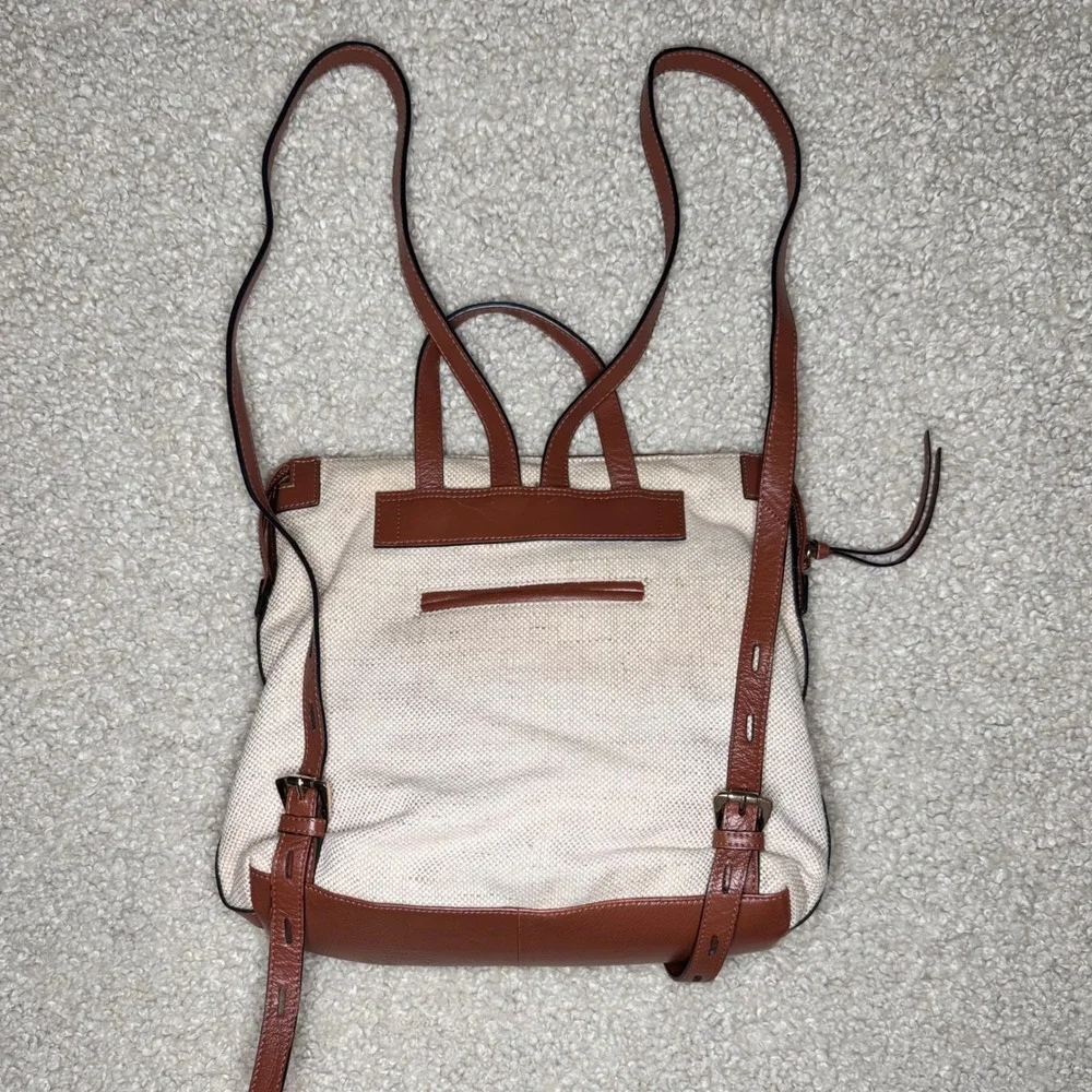Lodis Pippa Backpack Cream Jute Cotton Tan Leather Trim Zip Top Bat
